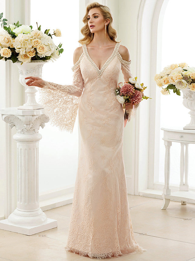 Sexy Sheath Beach Wedding Dress Floral Lace Long Sleeves Bridal Gowns in Color Open Back with Sweep Train