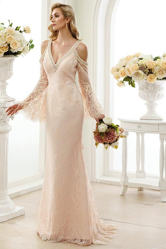 Sexy Sheath Beach Wedding Dress Floral Lace Long Sleeves Bridal Gowns in Color Open Back with Sweep Train