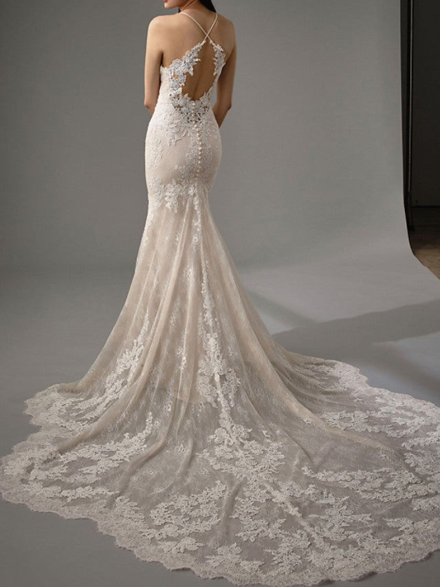 Sexy Sheath Beach Wedding Dress Jewel Lace Sleeveless Bridal Gowns in Color with Chapel Train