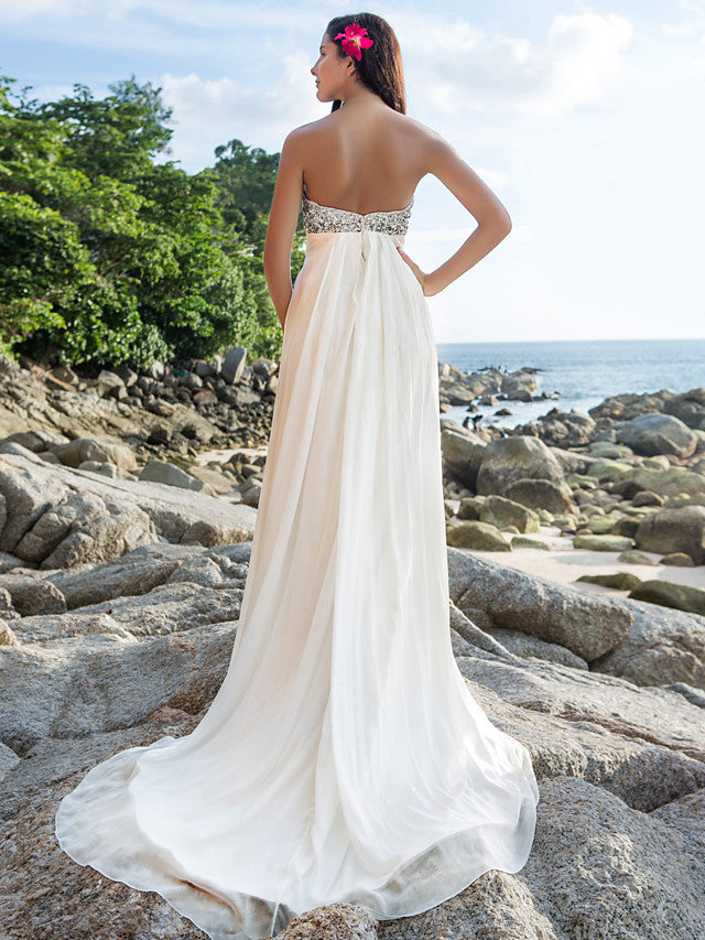 Sexy Sheath Beach Wedding Dresses Sweetheart Chiffon Strapless Backless Bridal Gowns Sweep Train