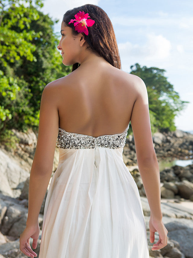 Sexy Sheath Beach Wedding Dresses Sweetheart Chiffon Strapless Backless Bridal Gowns Sweep Train