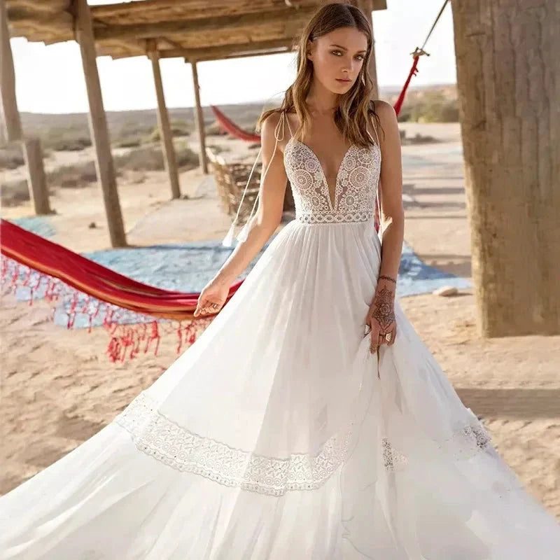 Sexy Spaghetti Straps A-line Deep V-Neck Backless Wedding Dresses Sleeveless robe de mariée Bridal Gowns vestidos de novia 2023 (ZD13308)