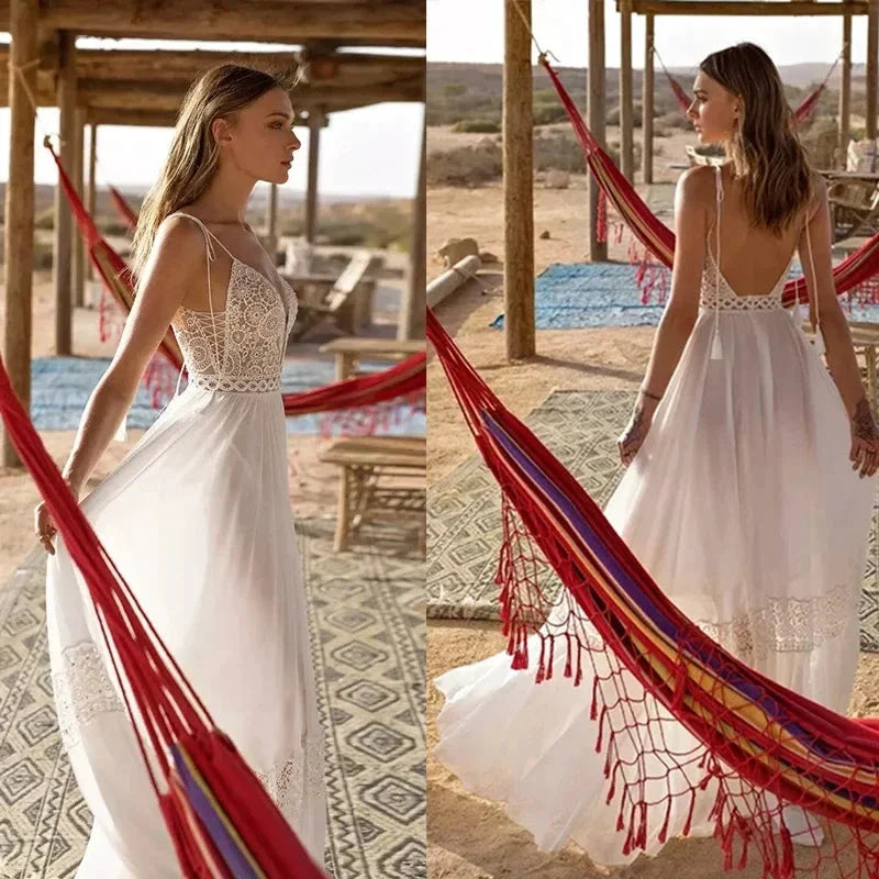 Sexy Spaghetti Straps A-line Deep V-Neck Backless Wedding Dresses Sleeveless robe de mariée Bridal Gowns vestidos de novia 2023 (ZD13308)