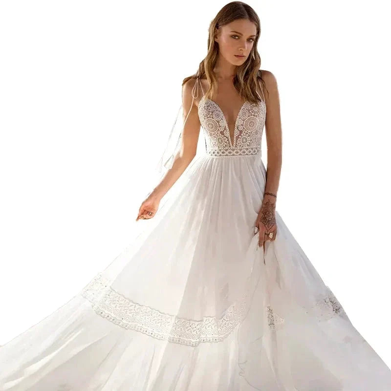 Sexy Spaghetti Straps A-line Deep V-Neck Backless Wedding Dresses Sleeveless robe de mariée Bridal Gowns vestidos de novia 2023 (ZD13308)