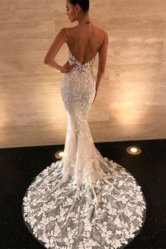 Sexy Spaghetti-Straps Lace Appliques Beach Wedding Dress Mermaid Bridal Gowns