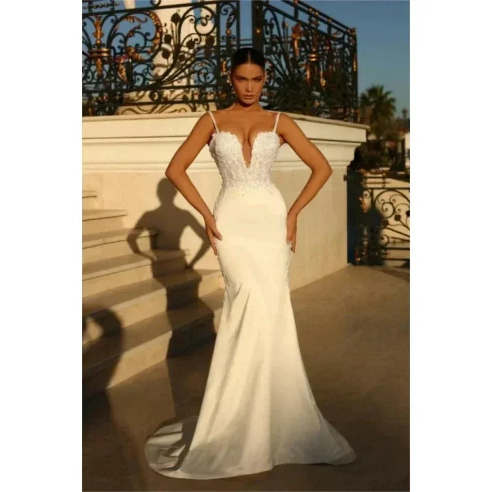 Sexy Spaghetti Straps Wedding Dresses Sexy Appliques Deep V Neck Sweep Train Mermaid Ball Gowns Woman's Formal Bride Beach Party (ZD14241) - VelvetHem