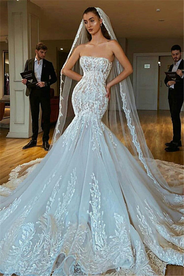 Sexy Strapless Mermaid Wedding Dresses | Puffy Appliques Bridal Gowns