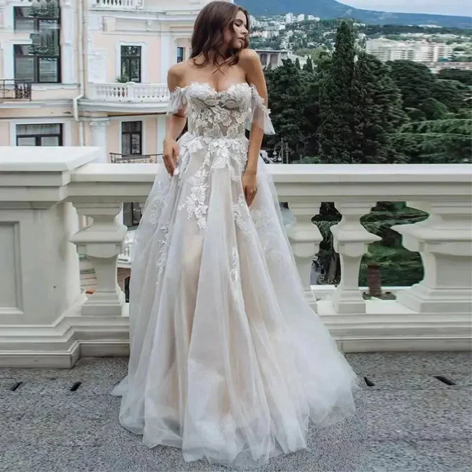 Sexy Sweetheart A Line Wedding Dresses Off Shoulder Champagne Liner Tulle Appliques Sleeveless Bridal Gowns Womens Formal 2023 (ZD14097) - VelvetHem