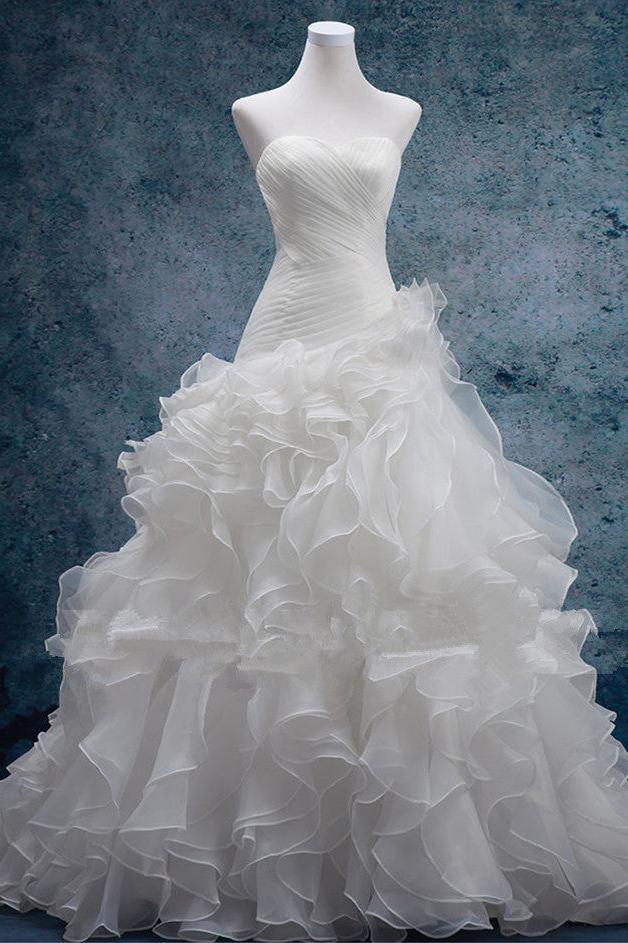 Sexy Sweetheart White Organza Long Wedding Dress Latest Court Train Lace-Up Bridal Gowns