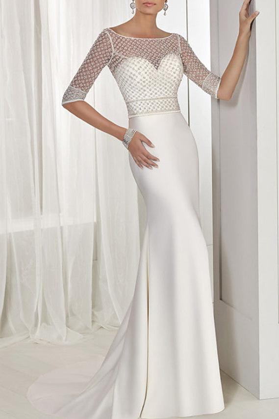 Sexy Two Piece A-Line Beach Wedding Dresses Jewel Lace Tulle Half Sleeve Bridal Gowns See-Through Backless Sweep Train