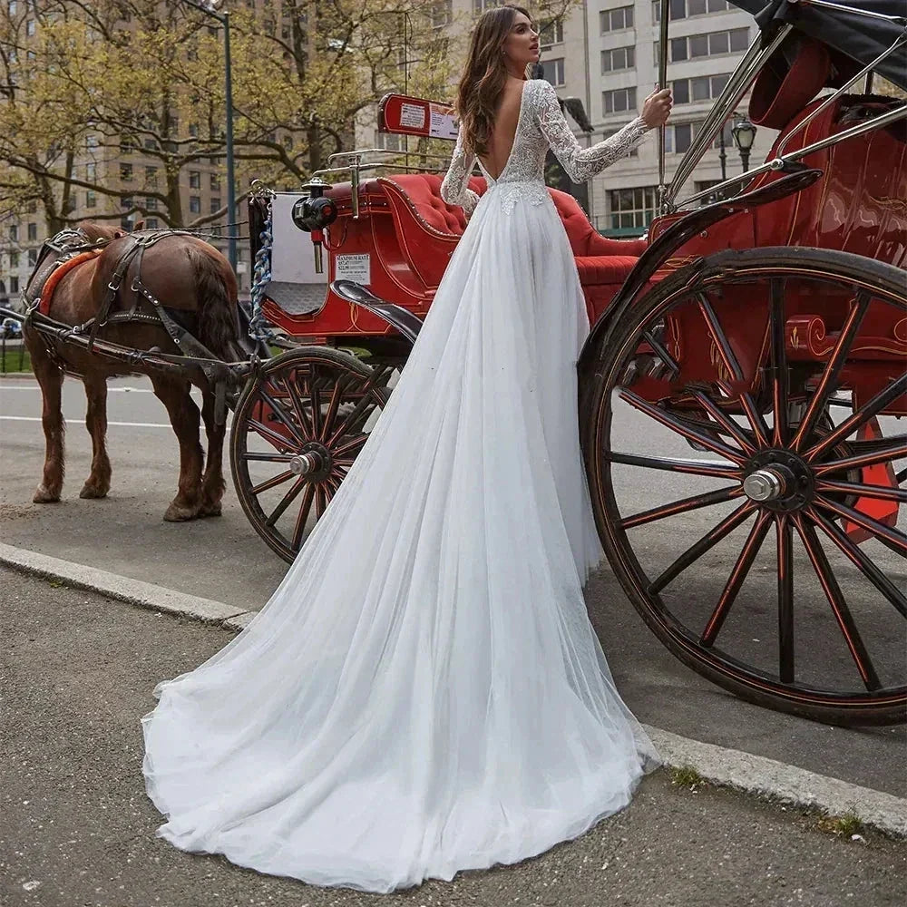 Sexy V Neck Backless Wedding Dresses Lace Long Sleeve Applique Princess Ball Gowns Fluffy A Line Side Slit formal ladies Party (ZD14254)