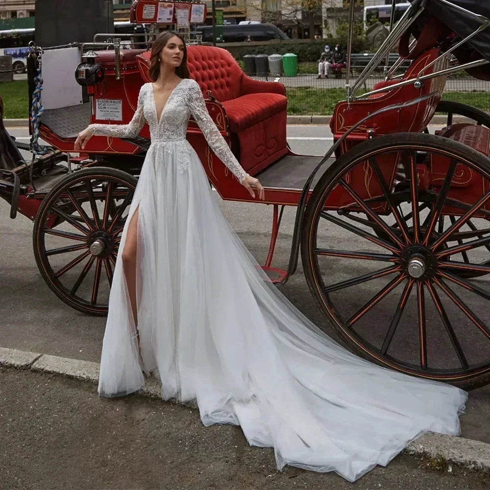 Sexy V Neck Backless Wedding Dresses Lace Long Sleeve Applique Princess Ball Gowns Fluffy A Line Side Slit formal ladies Party (ZD14254) - VelvetHem