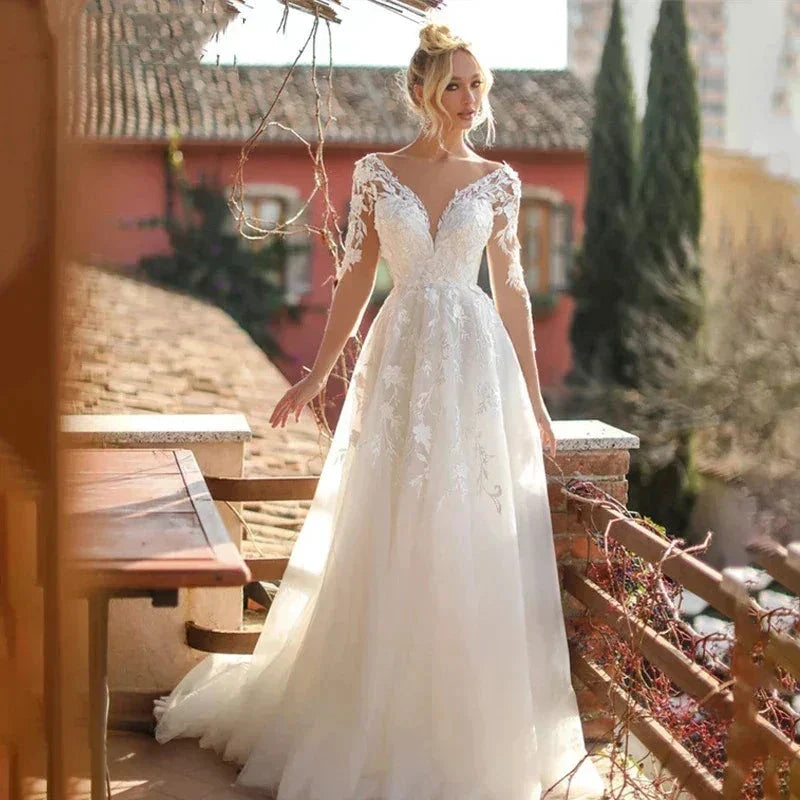 Sexy V Neck Bridal Dresses Long Sleeves Lace Appliques Wedding Gowns For Women Backless Vestidos Robe Noiva Mariage Customized by payinti