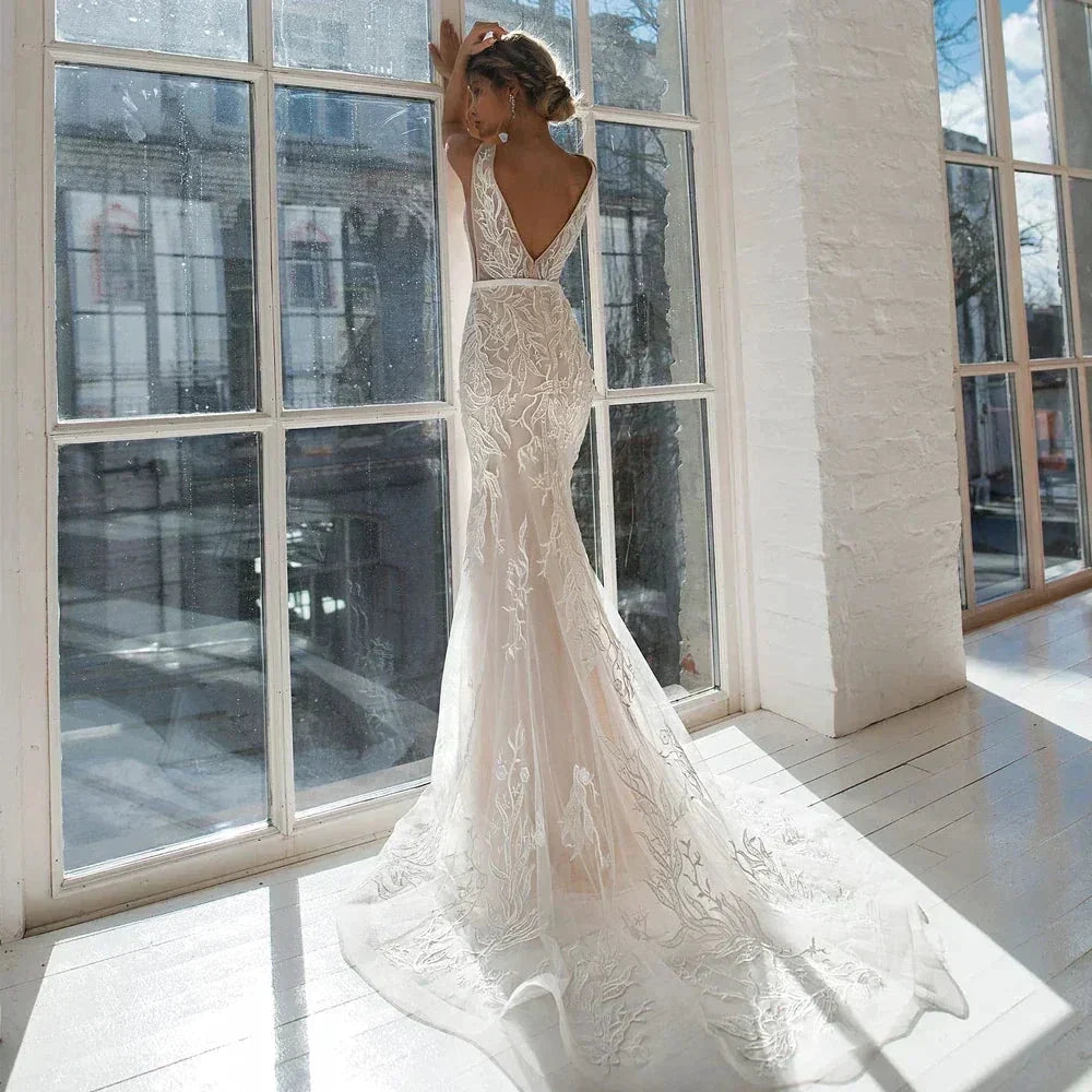 Sexy V-Neck Wedding Dresses Mermaid With Sashes Sleeveless Backless Lace Applique Bridal Gowns 2022 Custom Made Vestido De Noiva (ZD14029)