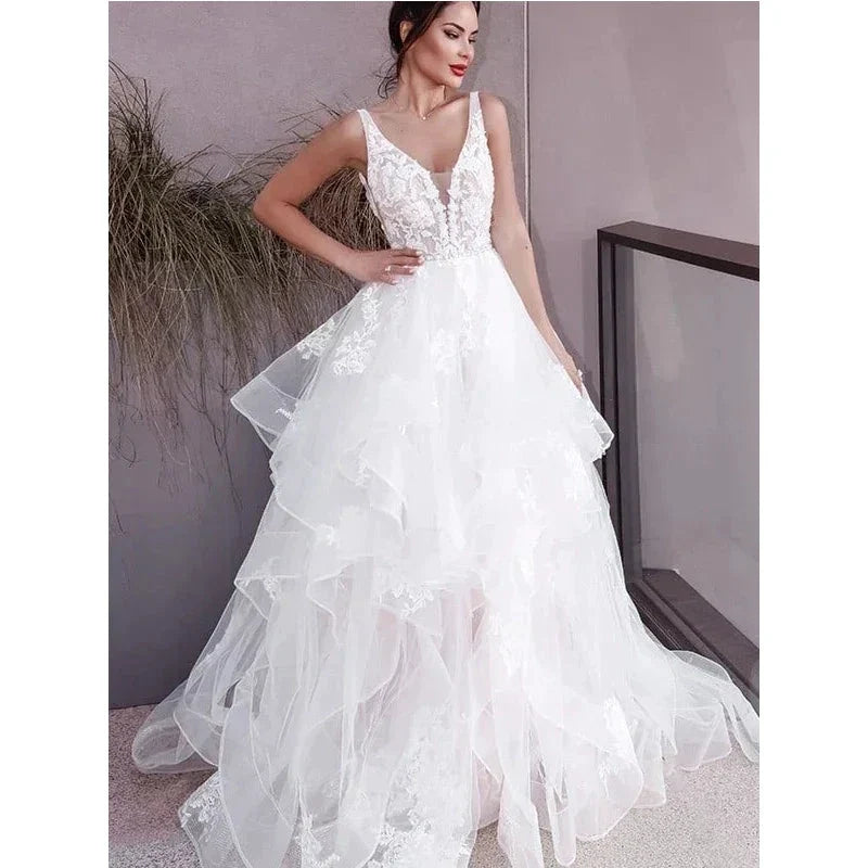 Sexy V-neck Double Shoulder Wedding Dresses White Sleeveless Bohemian Formal Beach Wedding Party Bridal Gowns 2023 Backless Robe by payinti
