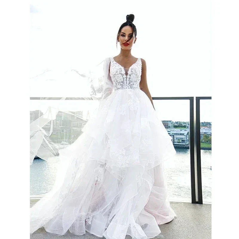 Sexy V-neck Double Shoulder Wedding Dresses White Sleeveless Bohemian Formal Beach Wedding Party Bridal Gowns 2023 Backless Robe (ZD14155)
