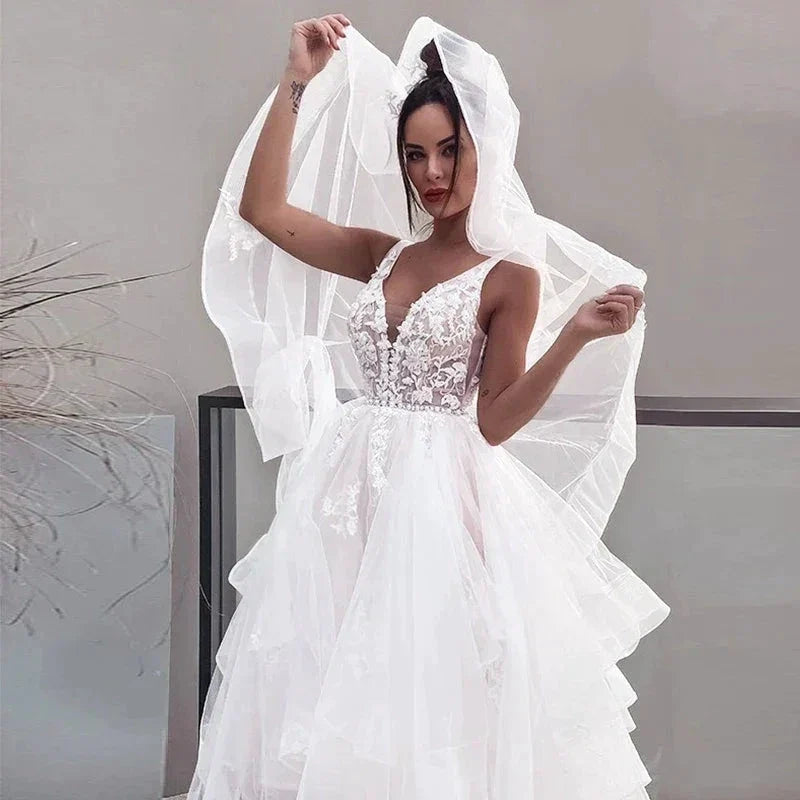 Sexy V-neck Double Shoulder Wedding Dresses White Sleeveless Bohemian Formal Beach Wedding Party Bridal Gowns 2023 Backless Robe (ZD14155)