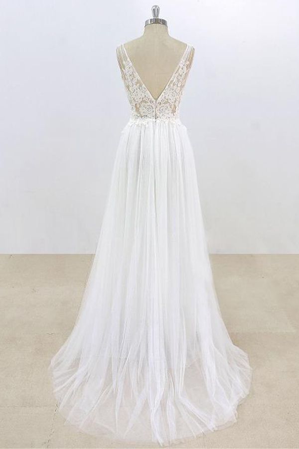 Sexy V-neck Sleeveless Straps Wedding Dress | White Tulle Ruffles Lace Bridal Gowns