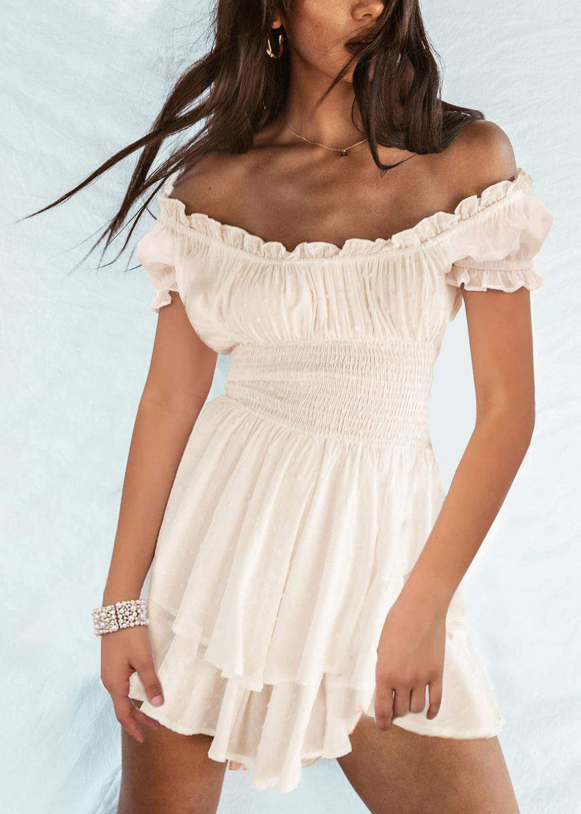 Sexy White Slash Neck Patchwork Elastic Waist Mini Dress Short Sleeve