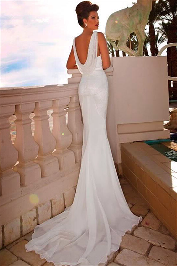 Sexy White V-Neck Beach Bridal Dresses Mermaid Lace Sweep Train Backless Beach Wedding Dresses