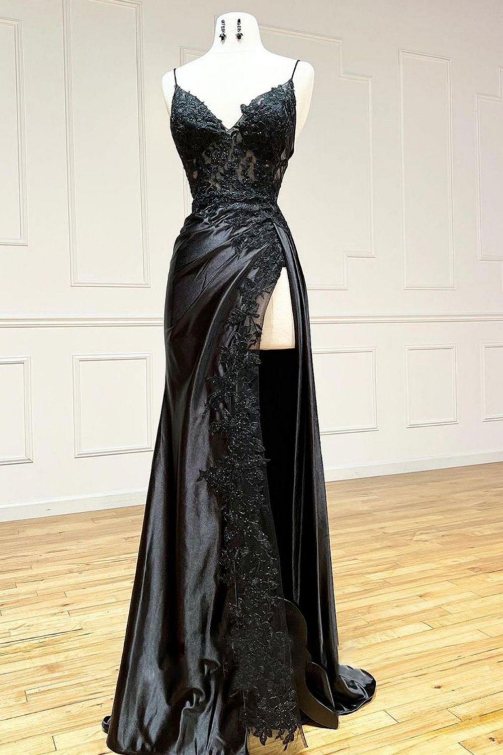 Sexy Black Mermaid Spaghetti Straps Lace Up Back Long Prom Dress With High Slit - VelvetHem