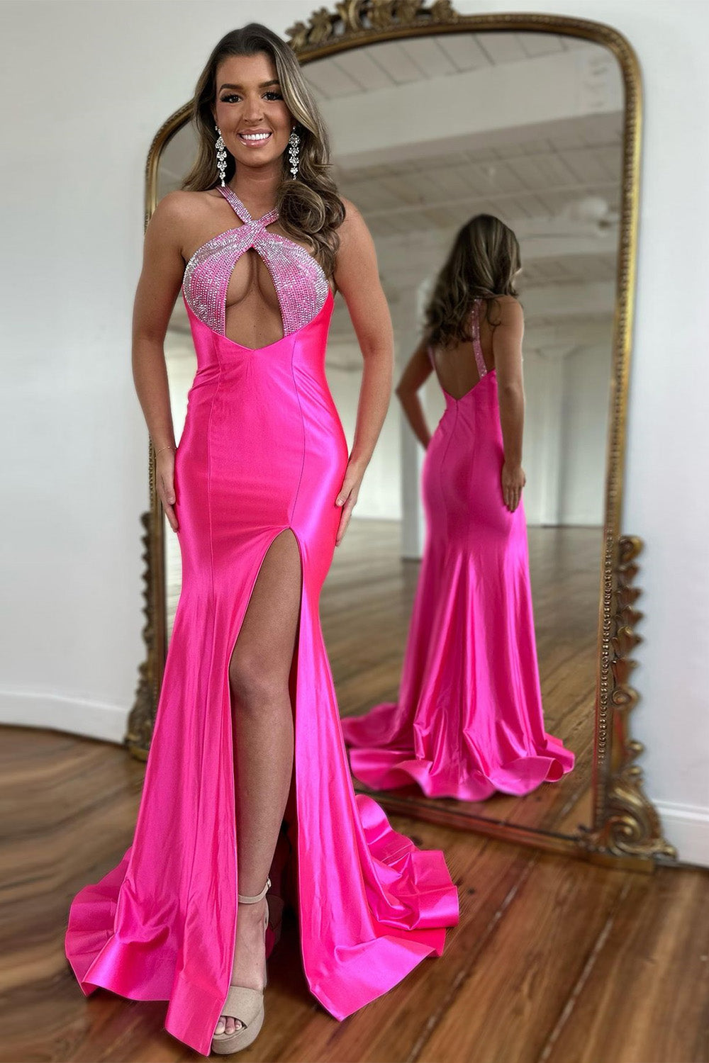 Fuchsia Satin Mermaid Halter Long Sexy Prom Dress With Split - VelvetHem