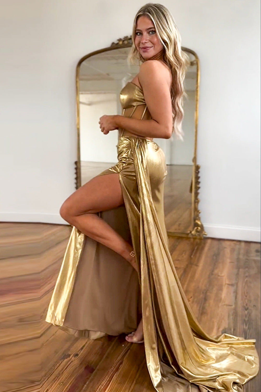 Sexy Gold Mermaid Strapless Long Metallic Prom Dress With High Slit and Ribbon - View 2 | VelvetHem