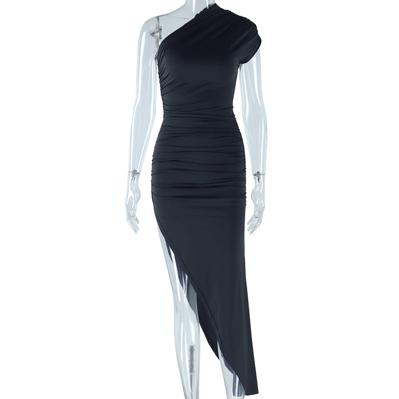 Diagonal Collar Solid Color Dress Stitching Short Sleeve Pleated Pullover Mid Waist Asymmetric
