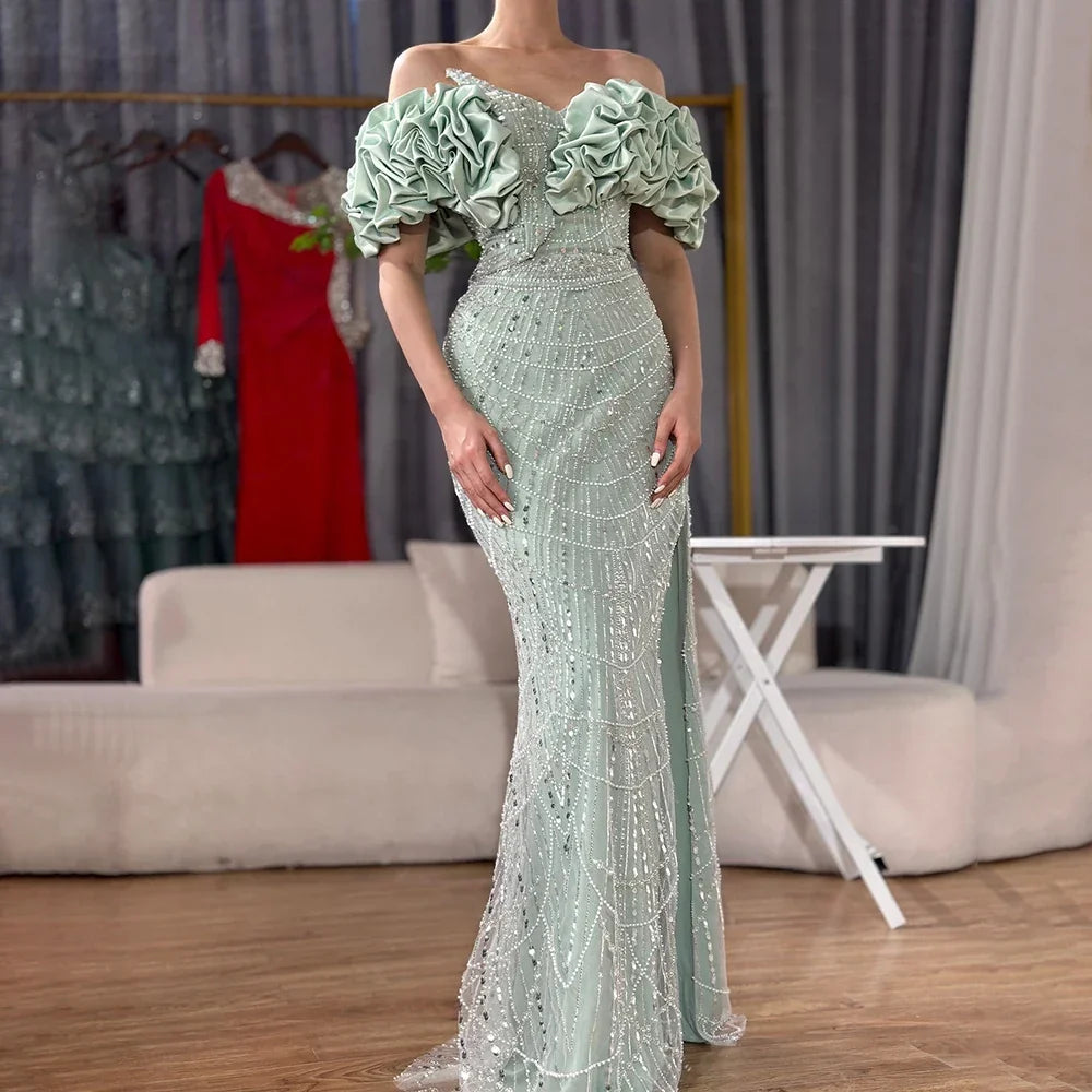 Zapdress Customized Sage Green Off Shoulder Mermaid Evening Dresses 2024 Arabic Formal Gowns For Women Wedding Party (ZD17307) - VelvetHem