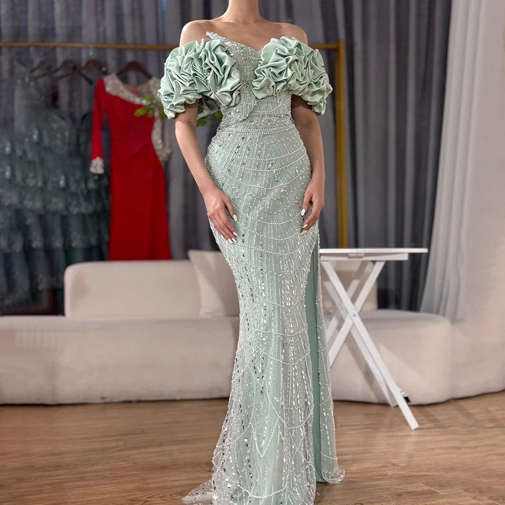 Zapdress Customized Sage Green Off Shoulder Mermaid Evening Dresses 2024 Arabic Formal Gowns For Women Wedding Party (ZD17307)