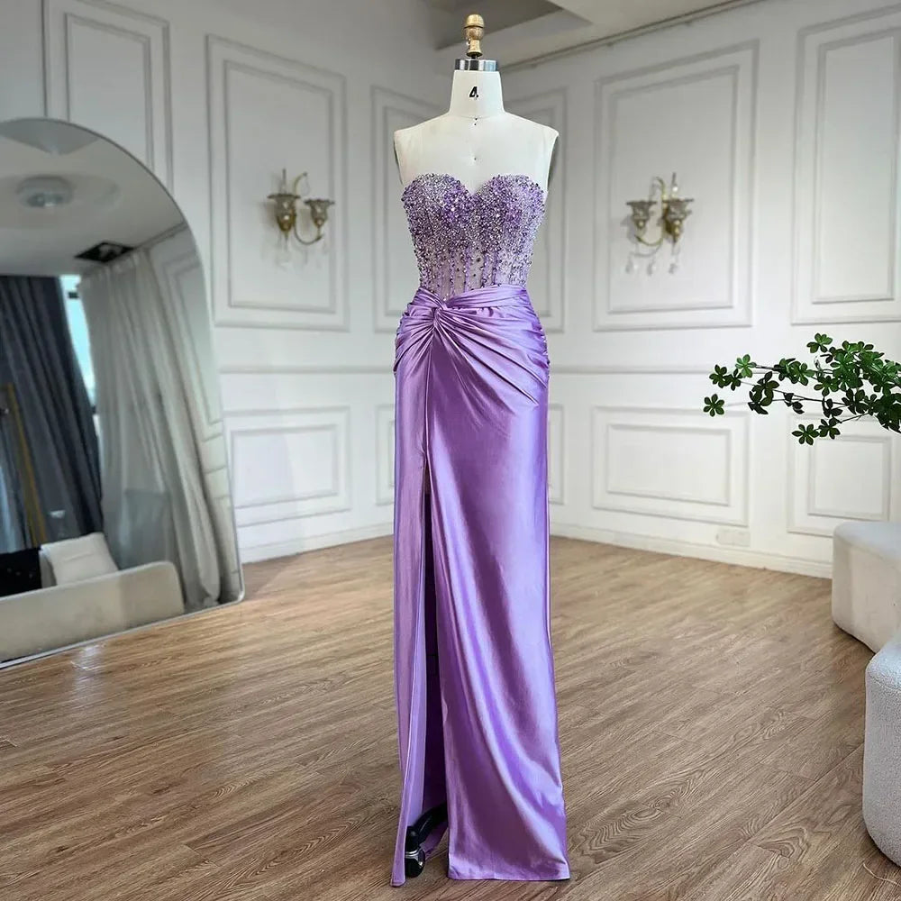 Zapdress Customized Lilac Satin Split Strapless Mermaid Evening Dresses Beaded Party Gowns for Women Bridesmaid (ZD17313)