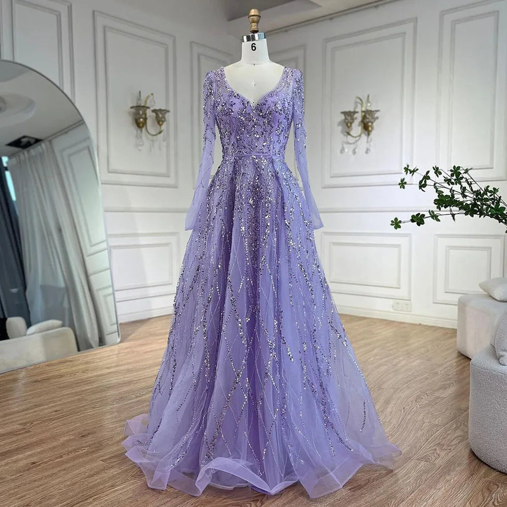 Zapdress Lilac V-neck A-line Long Sleeves Luxury Beaded Evening Dresses Party Gowns for Women Customized (ZD17273) - VelvetHem
