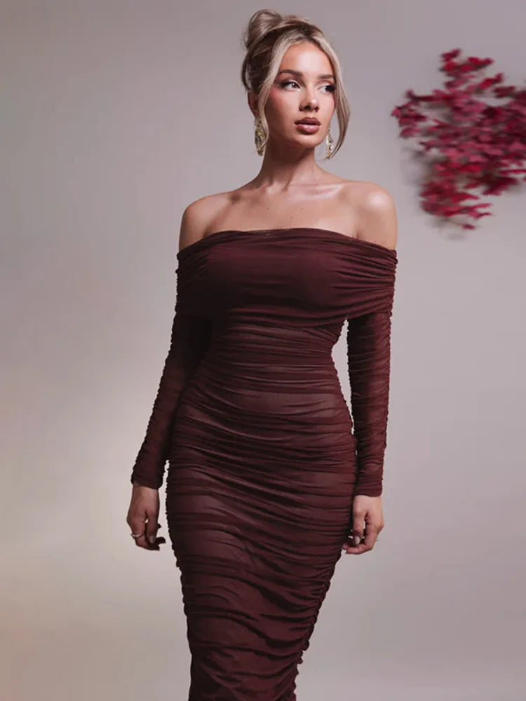 Off - shoulder Slash Neck Solid Maxi Dress
