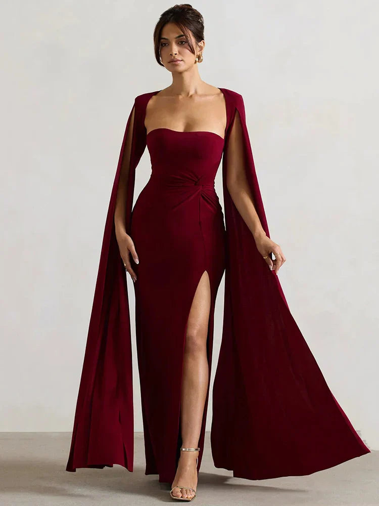 Elegant Cape Sleeve Maxi Dress with High Split