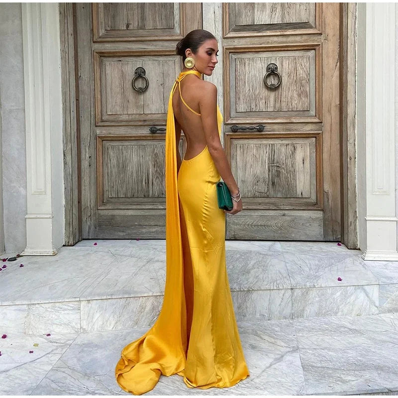 Yellow Satin Backless Lace - Up Off - Shoulder Maxi Dress
