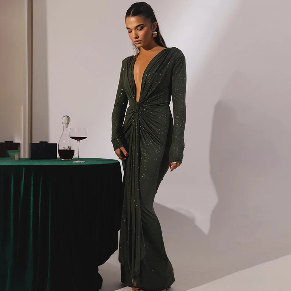 Elastic Deep V - Fold Lace Maxi Dress