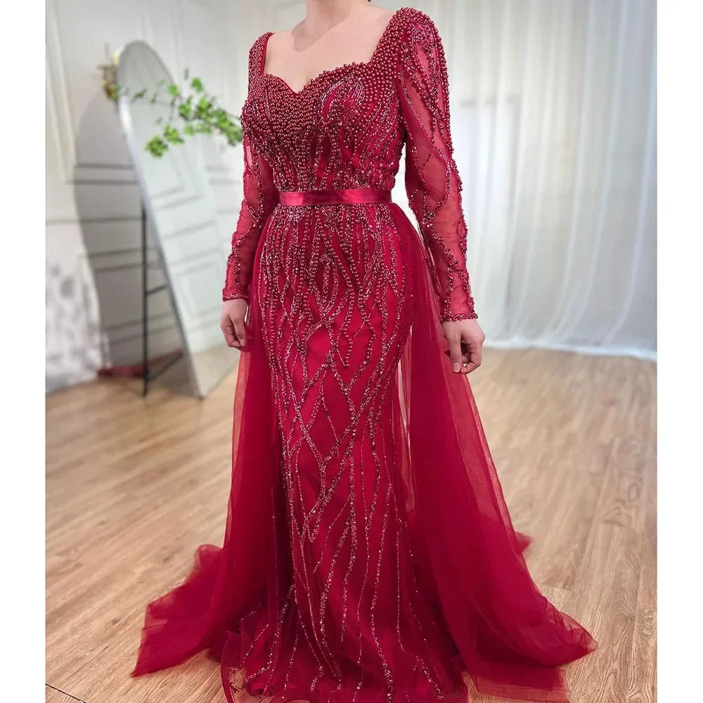 Zapdress Customized Blue Long Sleeves Mermaid Pearls Beaded Evening Dresses Elegant Party Gowns For Women Wedding (ZD17374)