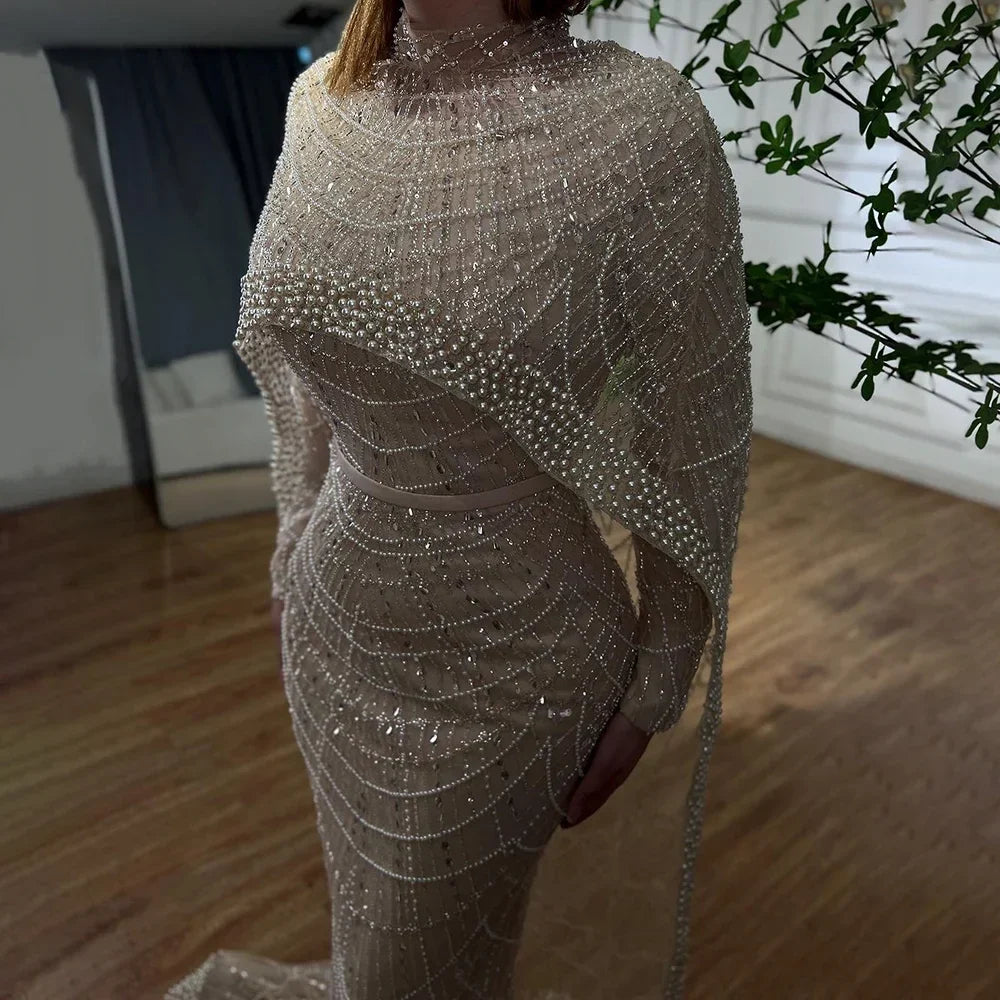 Zapdress Customized Muslim Hijab Sage Green Long Sleeves Evening Dresses with Cape Dubai 2024 Party Gowns For Women LA72032M (ZD17199)