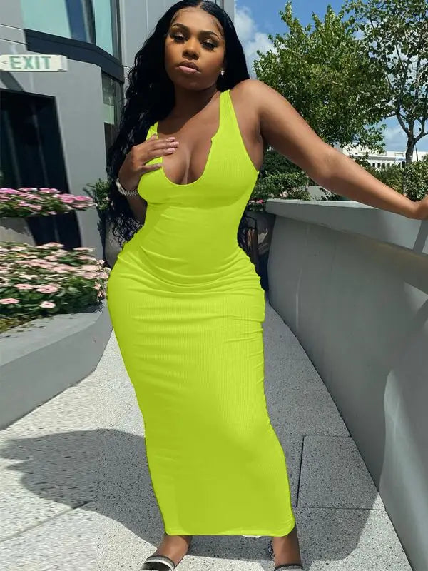 Ribbed Stripe Sleeveless V-neck Midi Dress