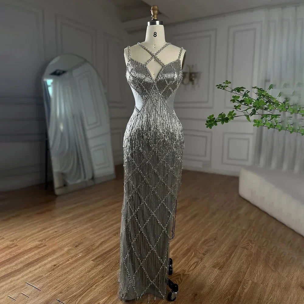 Zapdress Silver Mermaid Gold Evening Gowns Luxury Beaded Tassel Spaghetti Strap Party Dresses For Women DLA72280 Customized (ZD17197)