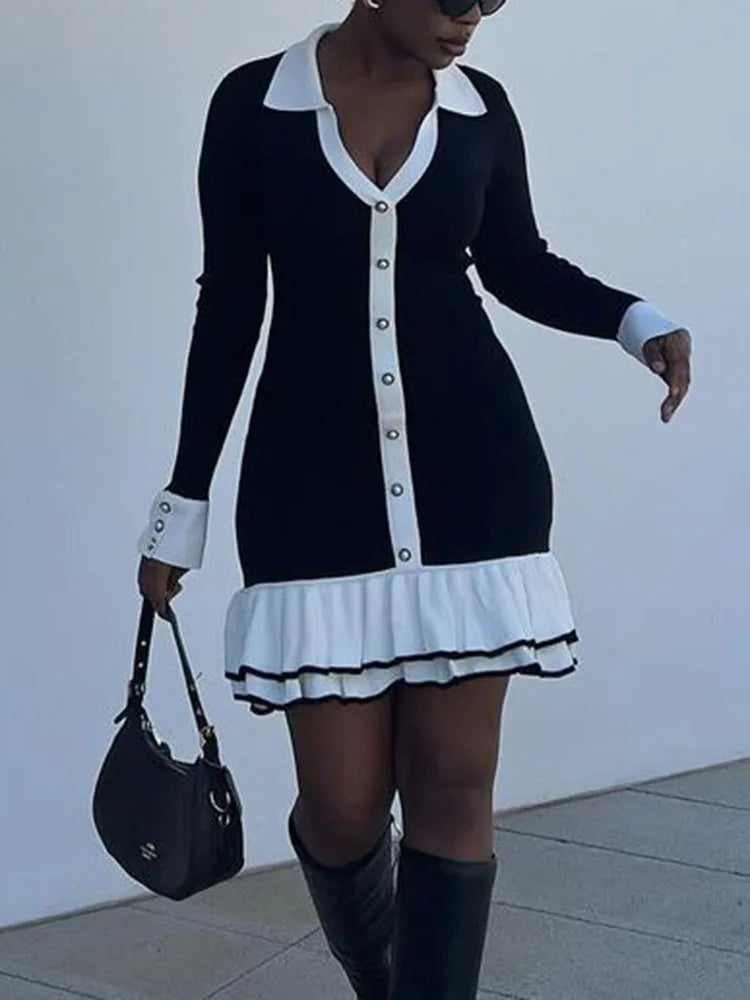 Ruffled Contrast Bow Open Back Lace - Up Knit Mini Dress
