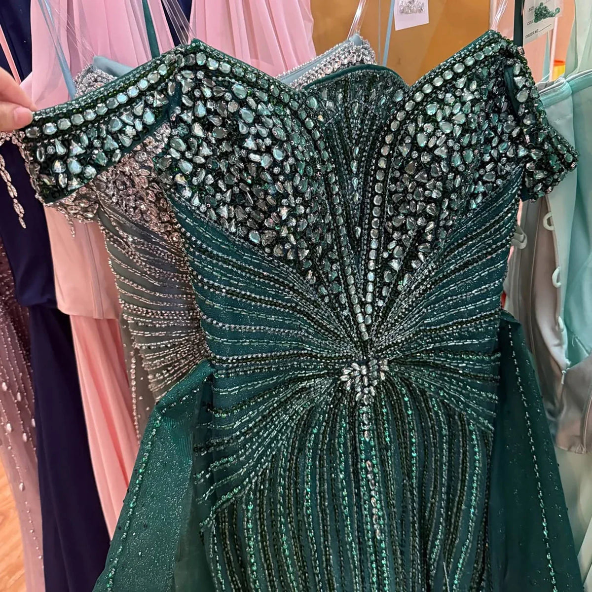 Zapdress Green Mermaid Beaded Evening Party Gown 2026 Elegant Off-Shoulder Runway Dress with Overskirt Customized (ZD17288) - VelvetHem