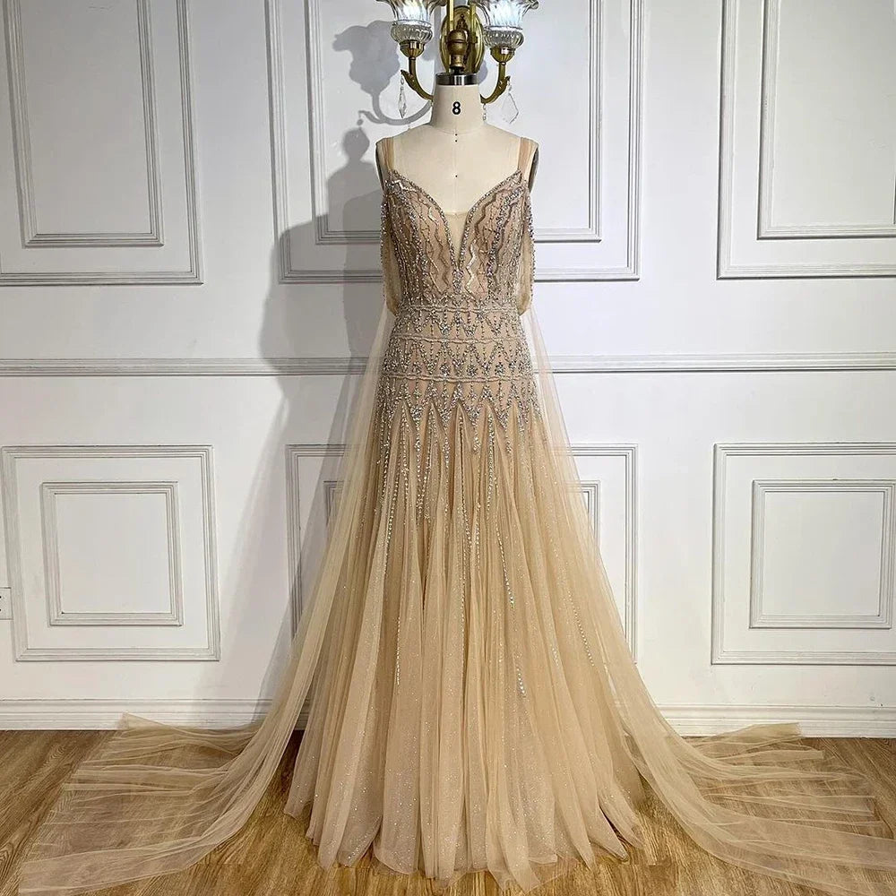 Zapdress Customized 2025 Nude A-Line Midi Ankle Lengt Prom Dresses Glitter Beaded Evening Party Gowns for Women (ZD17237)