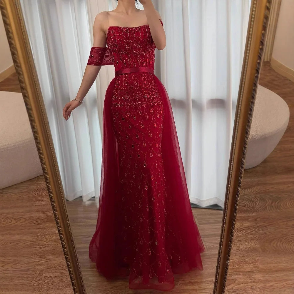 Zapdress Customized 2026 Red Off Shoulder Mermaid Beaded Overskirt Evening Dress Wedding Party Gowns for Women (ZD17316)