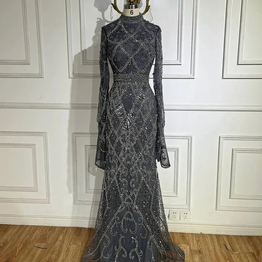 Zapdress Customized Muslim Gray Mermaid Cape Sleeve Beaded Evening Dress Dubai Elegant Party Gowns 2025 for Women (ZD17187) - VelvetHem
