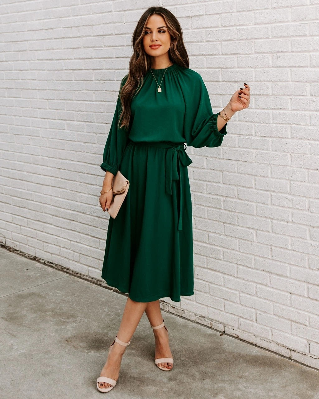 Elegant Office Dress Formal Loose Green Long Sleeve Belt ALine Midi Dresses
