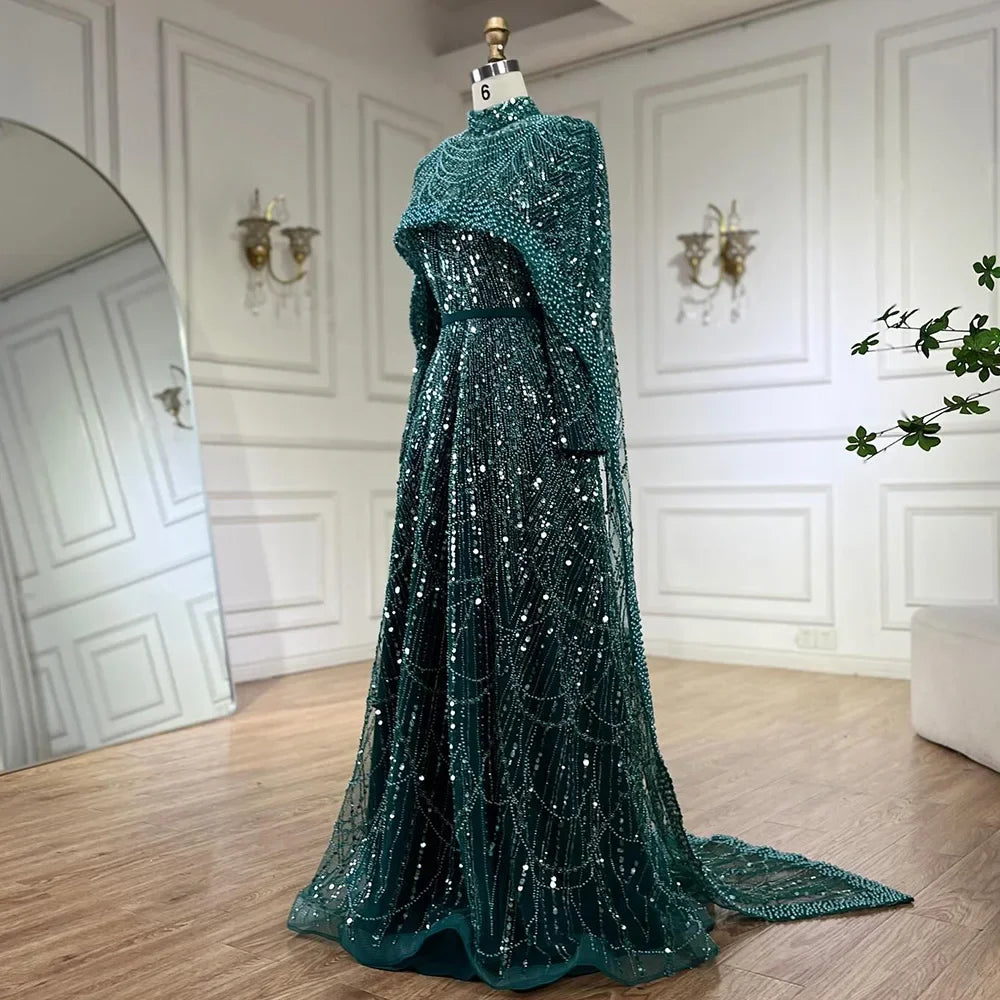 Zapdress Customized Green Long Sleeve A-Line Evening Dresses with Cape Muslim Wedding Party Gowns For Women LA72032B (ZD17241)
