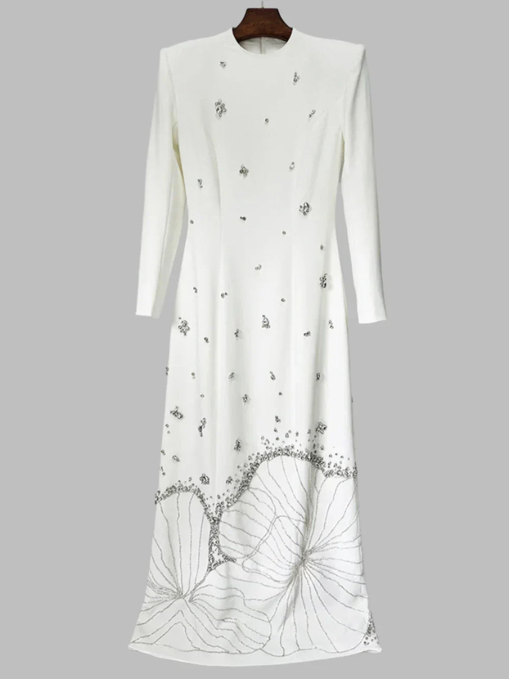 White Beads Diamond Long Sleeve Maxi Dress