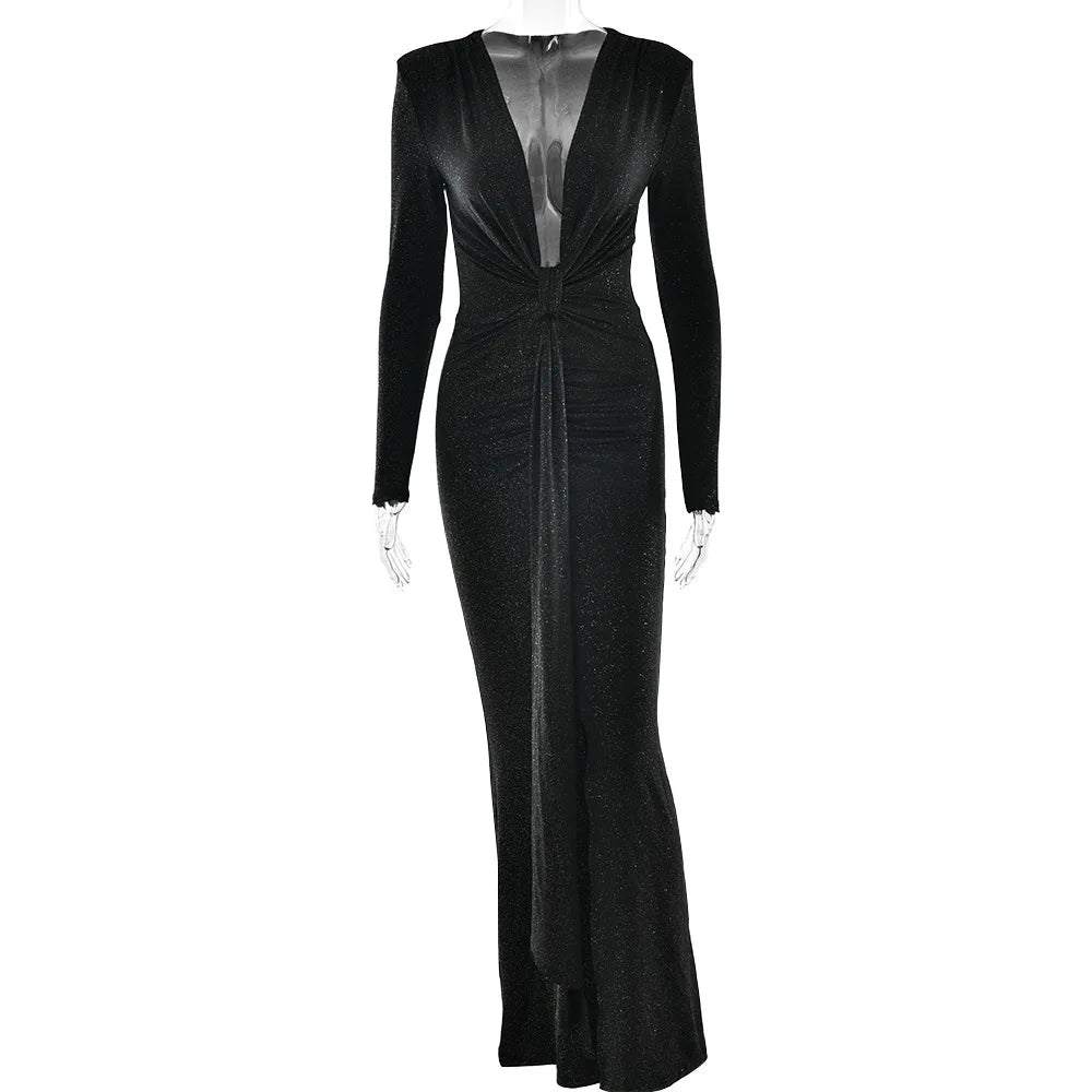 Elastic Deep V - Fold Lace Maxi Dress