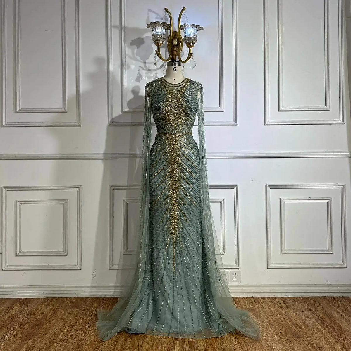 Zapdress Luxury Beaded Mermaid Evening Dresses with Cape Sleeves Caramel Formal Party Gown for Women Customized (ZD17180)